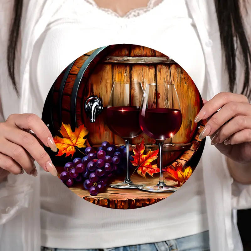 1pc Grapes and Red Wine Theme Decorative Painting Theme Round Aluminum Sign Wall Art Diameter 18.46c