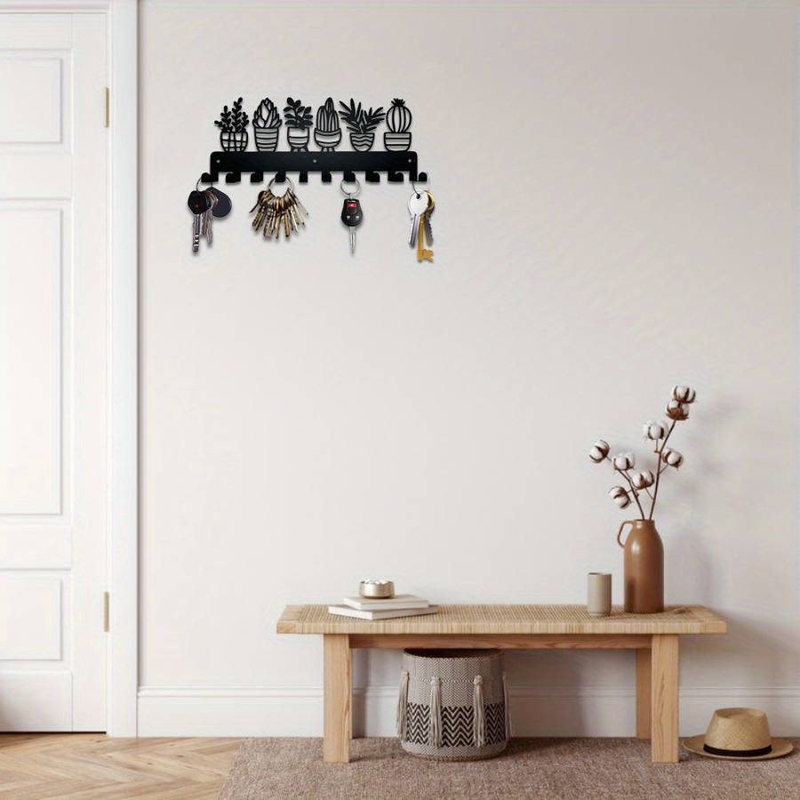 Contemporary Metal Key Holder with 10 Hooks Wall Mounted Keychain Organizer Succulent Plant Design