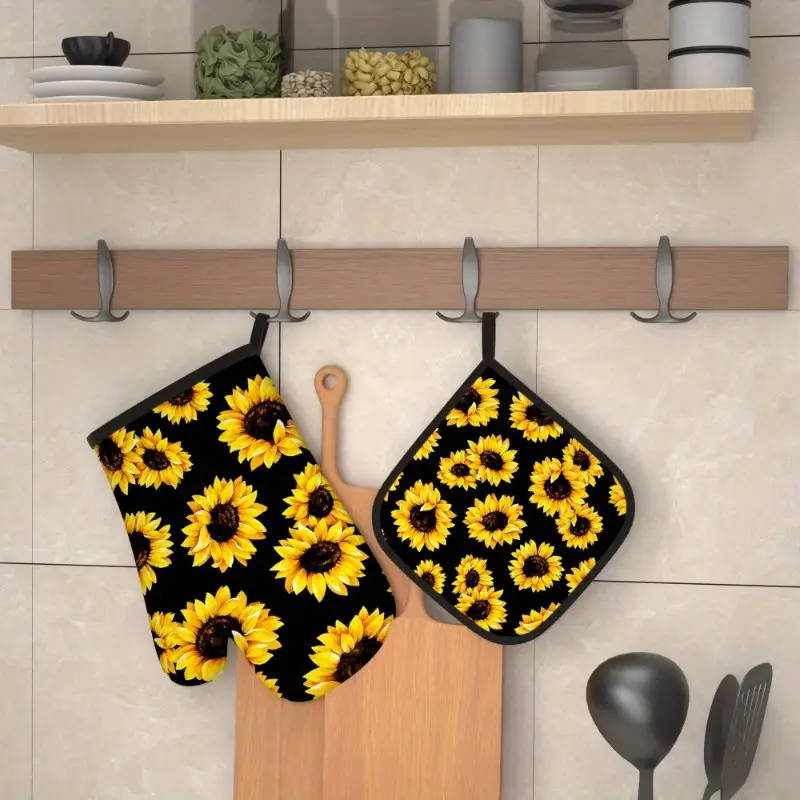 2pcs Sunflower Oven Mitt Set Heat Resistant Polyester Kitchen Gloves and Potholders Woven Machine Wa