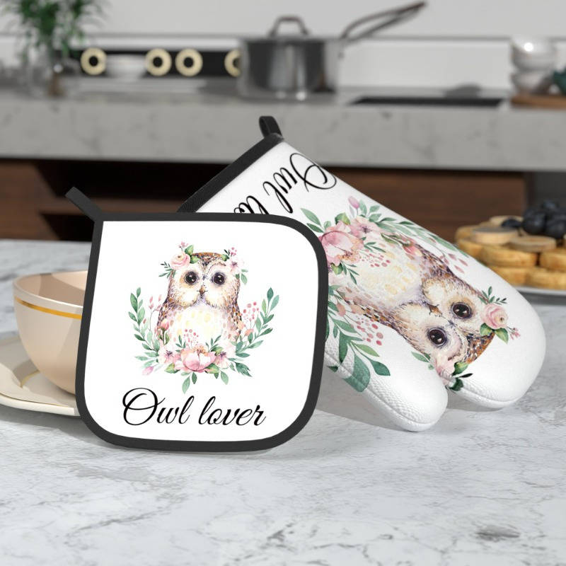 2pcs Set Owl Lover Themed Polyester Oven Mitts and Pot Holders 26.92x17.02 cm Heat Resistant