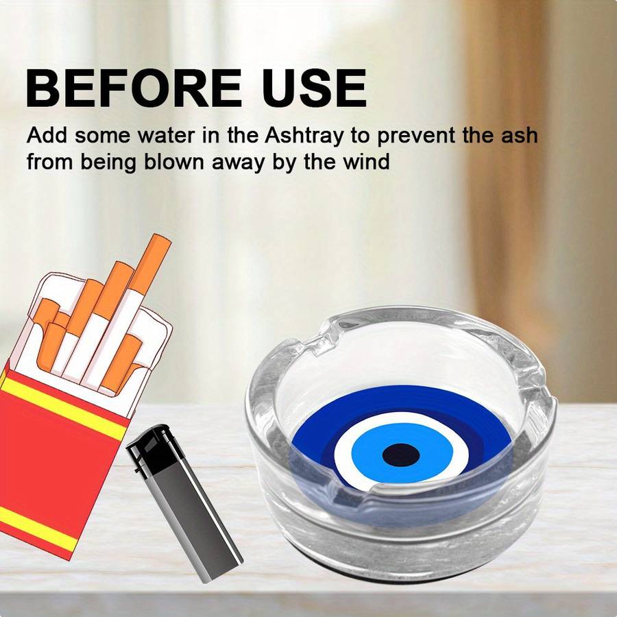 1pc Round Glass Ashtray with Blue White Black Eye Design Modern Artistic Desktop Decor for Office