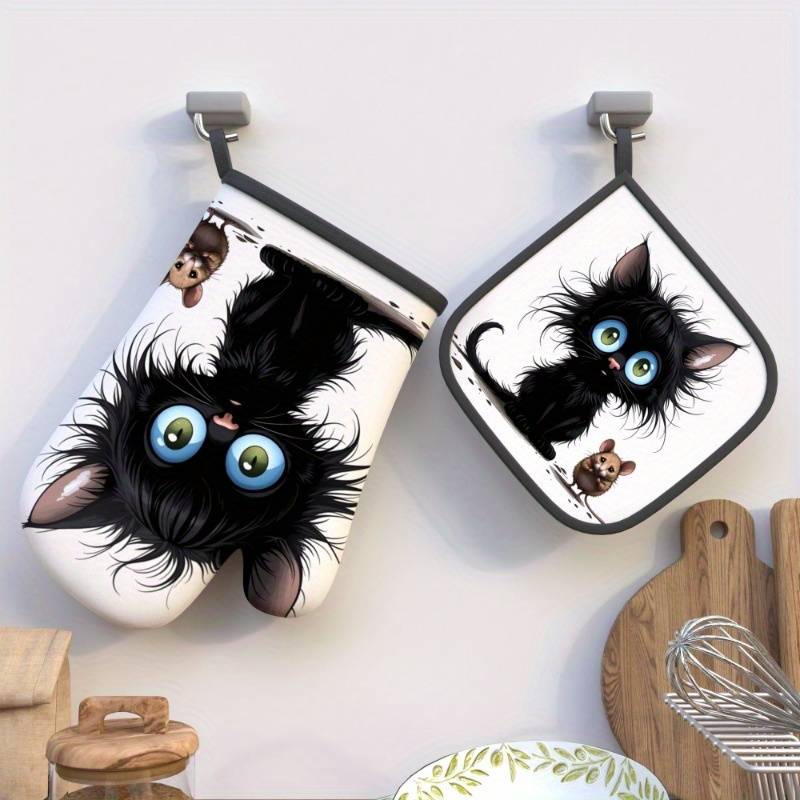 2pcs Heat-Resistant Oven Mitts Potholders Cute Black Kitten Brown Mouse Design 26.92x17.