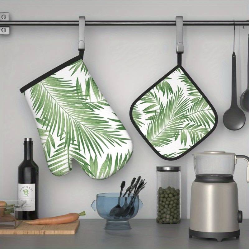 2pcs Summer Green Leaves Oven Mitts Pot Holders Set 26.92x17.02cm Heat Resistant Machine W