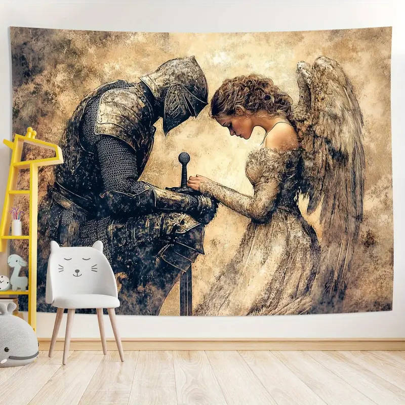 BIG!! Vintage Polyester Knight and Angel Tapestry, Pre-Prayer Scene Wall Hanging for Living Room