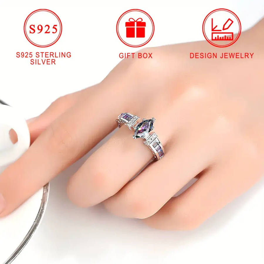 Colored Synthetic Zirconia Ring in Horse Eye Shape S925 Silver