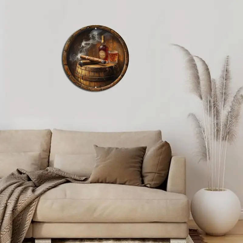 1pc Round Metal Sign Art Piece Themed Around Cigars And Whiskey Featuring High-Definition 2D Design
