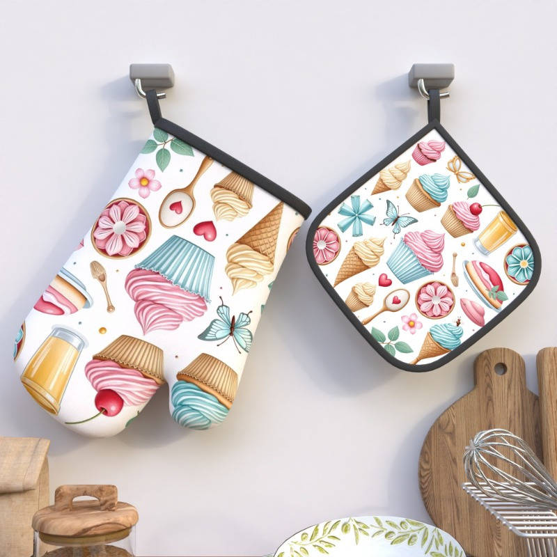 2pcs Colorful Dessert Butterfly Design Heat-Resistant Oven Mitts 26.92x17.02 cm Polyester K