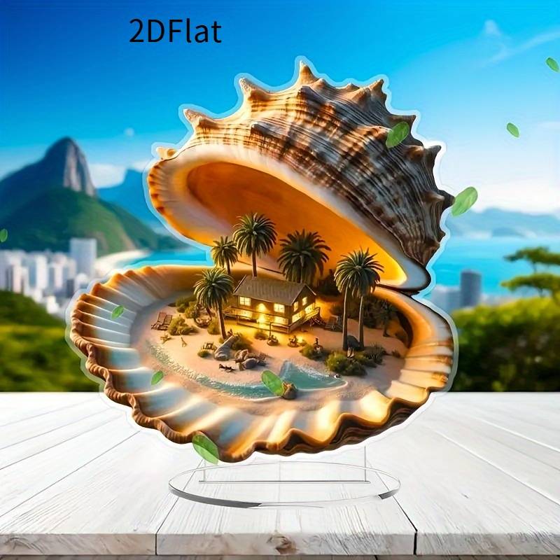 1pc 2D Flat  Acrylic Shell House with Palm Tree Accents Tropical Beach Theme Home Decor Coastal A