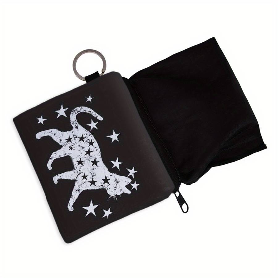 Stylish Black Cat Star Print Polyester Coin Purse C High Quality Portable Zipper Pouch