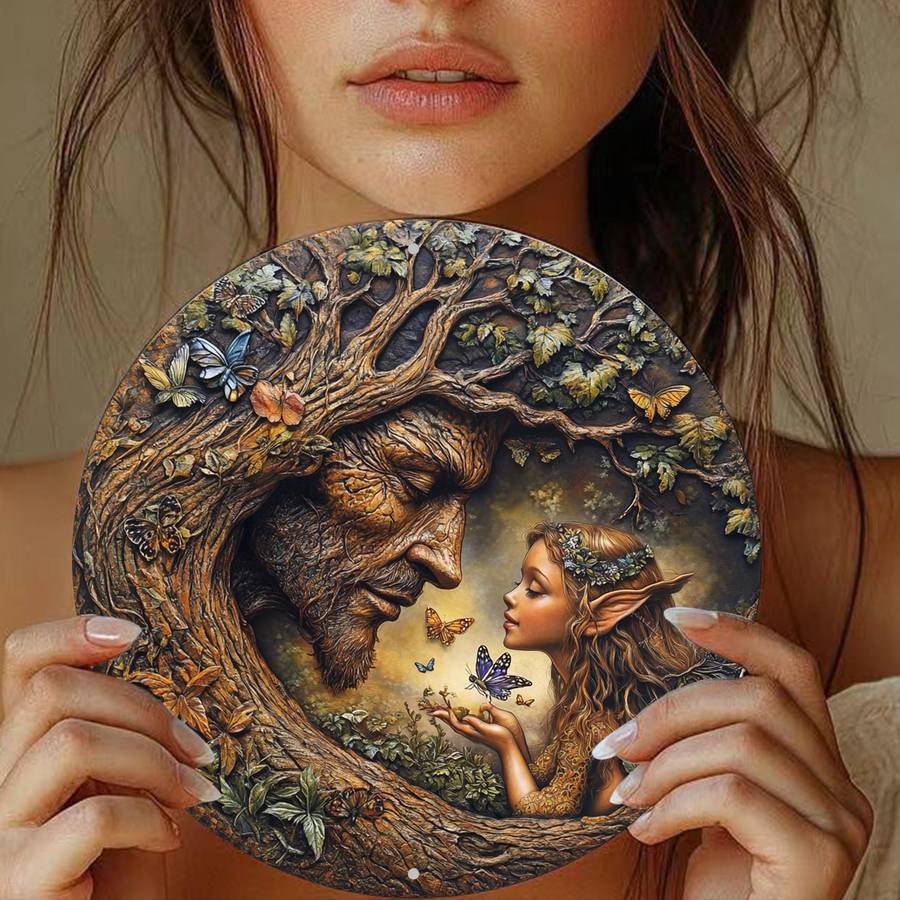 2D Flat 20.32X20.32Cm Round Wooden Wall Art Vintage Tree And Flower Fairy Sign