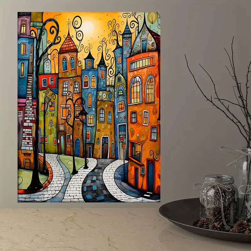 1pc Vibrant Frameless Canvas Art Print Whimsical Street Scene with Colorful Buildings Ideal for Fest