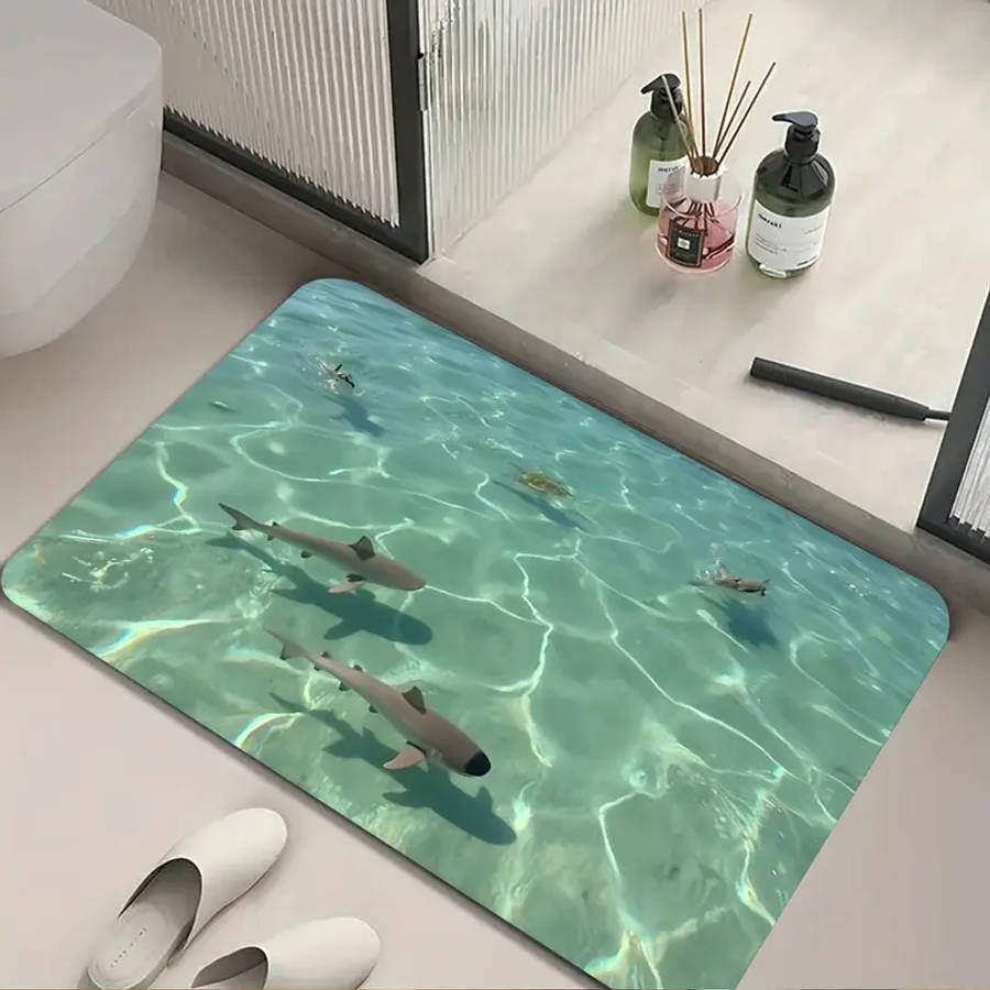Underwater Shark Pattern Bathroom Anti-Slip Mat, Diatom Mud Floor Rug - Quick-Dry Absorbent