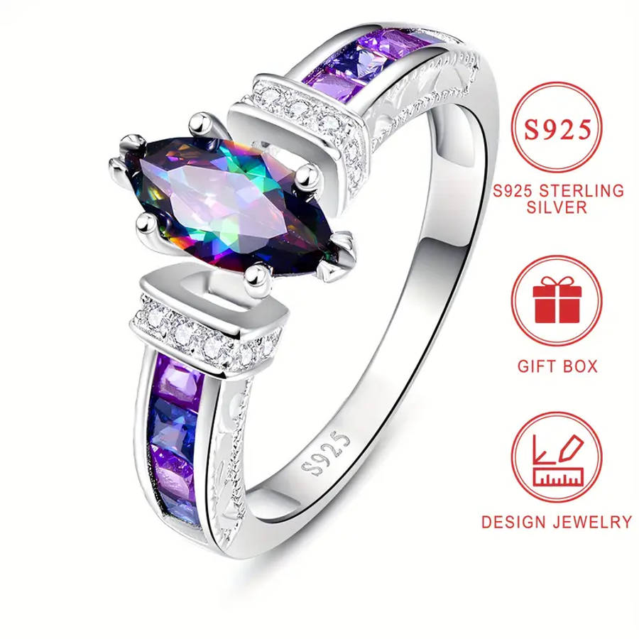 Colored Synthetic Zirconia Ring in Horse Eye Shape S925 Silver