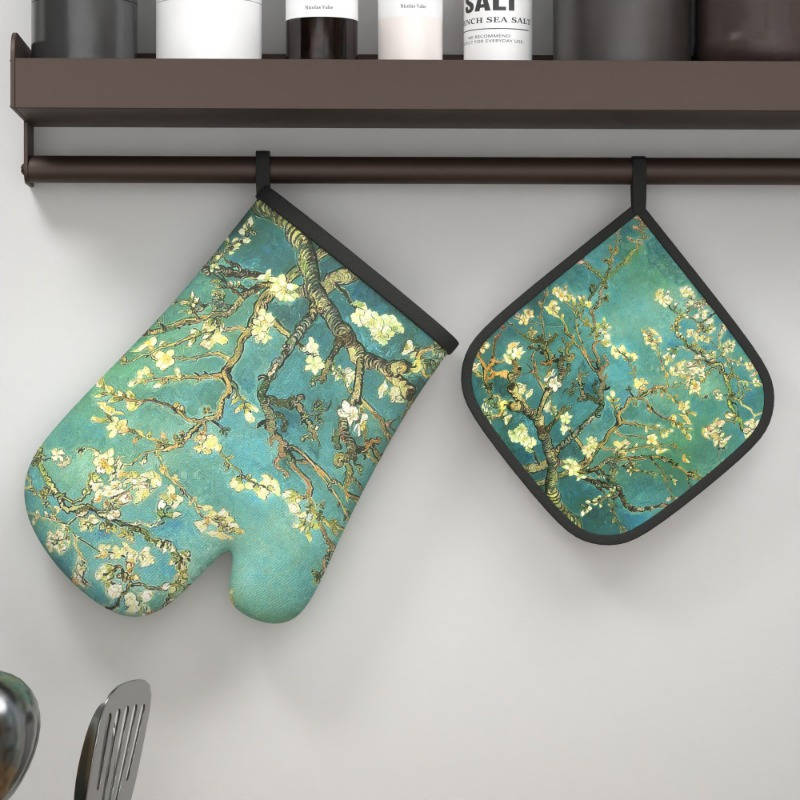 2pcs Blooming Almond Tree Branches Oven Mitt Set Heat Resistant Polyester Kitchen Gloves and P
