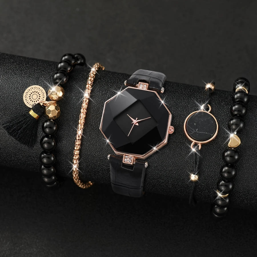 5pcs set Women's Fashion Rhombus Dial Quartz Watch Bracelet Set Does Not Include Watch Box