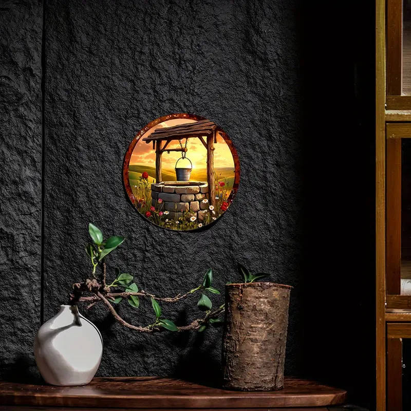 1pc Room Decor Rustic Well Sunset Aluminum Wall Art Circular Foil Engraving Sign 19.81 cm Ideal for