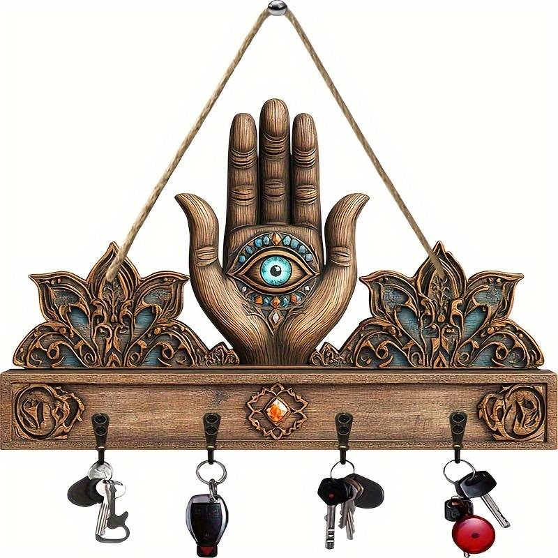 1pc Palm and All-Seeing Eye Simple and Colorful Wooden and Key Hook with Four Metal Hooks 30.0cm x