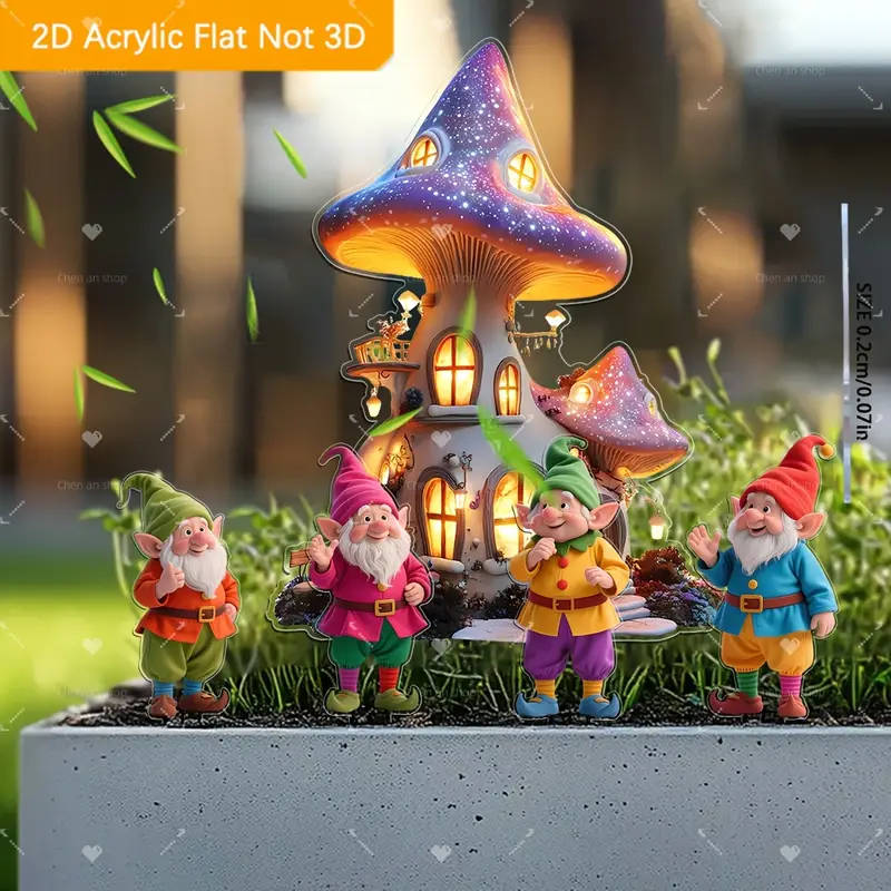 2D Flat 5 Pieces Fairy Gnome and Fantasy Mushroom House Acrylic Bohemian Garden Decoration