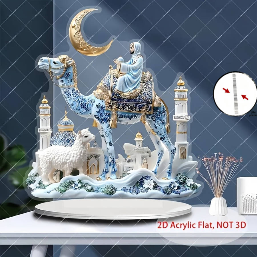 1pc 2D Flat  Acrylic Flat Traditional Mosque Shepherd Scene Decor with Camel Sheep Vibrant Blue