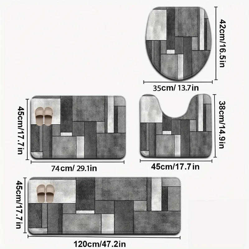 4-Piece Stylish Simple Grey Geometric Pattern Bathroom Mat Set