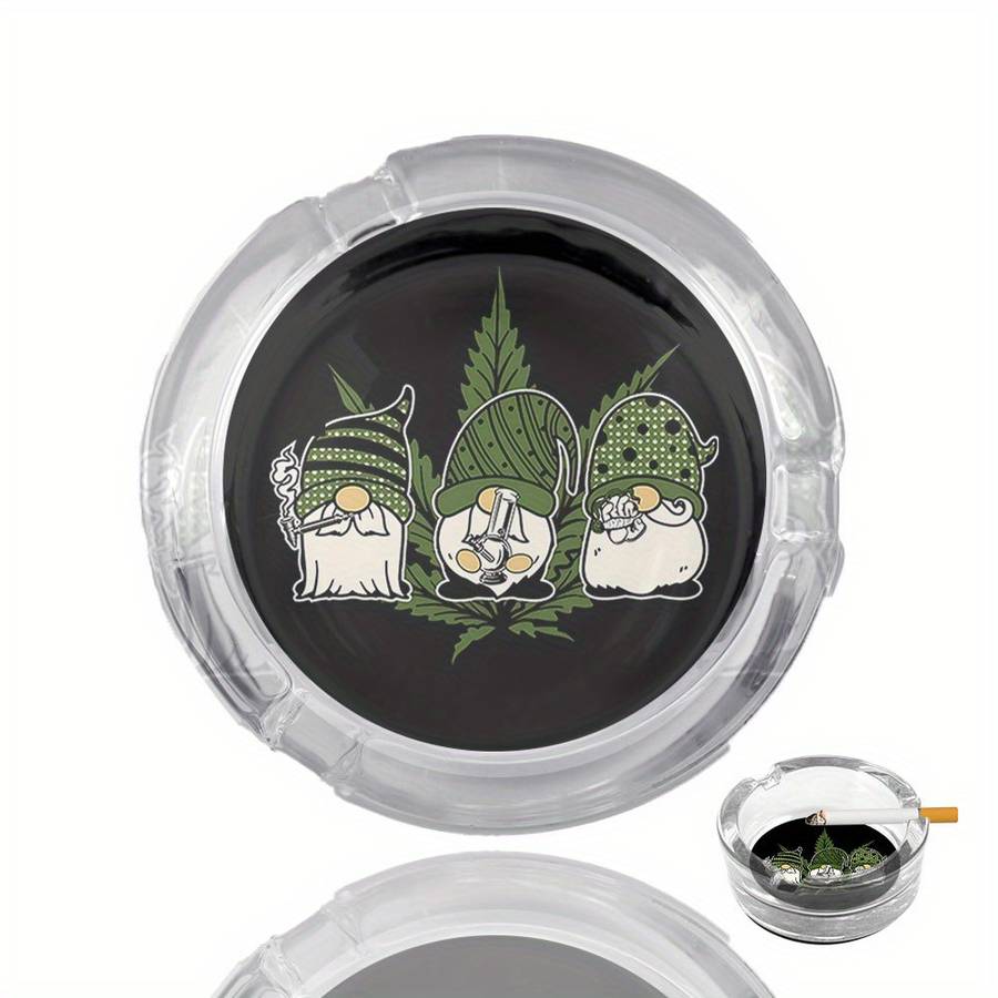 1pc Round Clear Glass Ashtray Black Background with Tri-color Geometric Plant Design Modern Desk