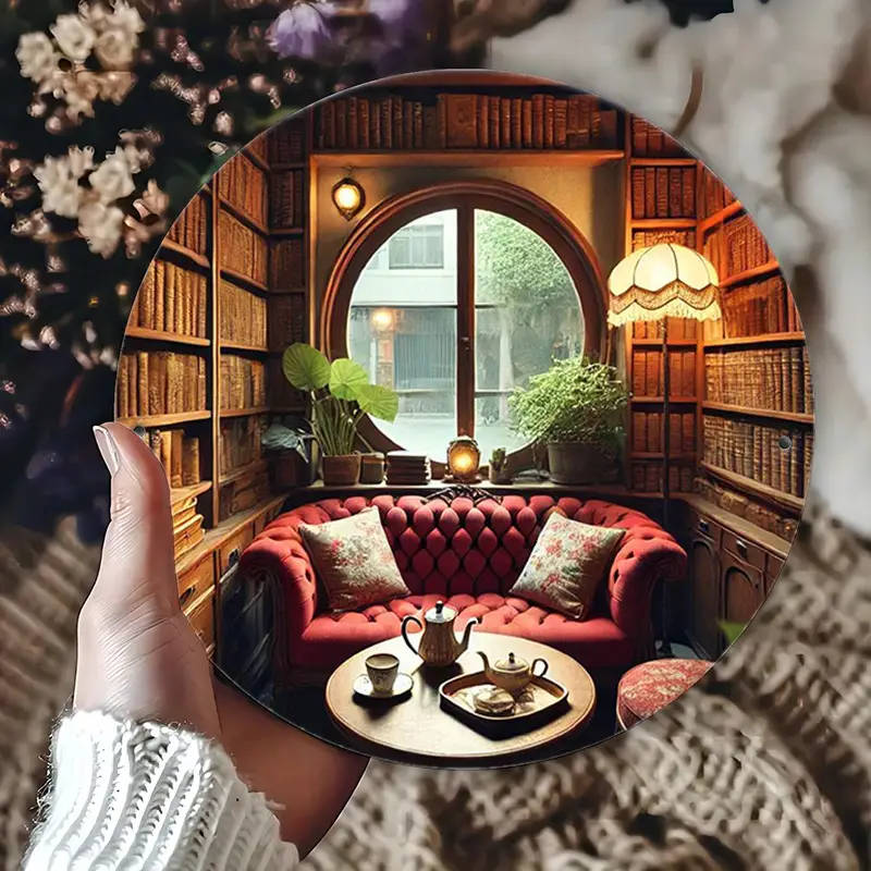 1pc Charming 19.81cm Round Aluminum Tin Sign with Cozy Cabin Scene Ideal for Home Kitchen Bar Cafe D