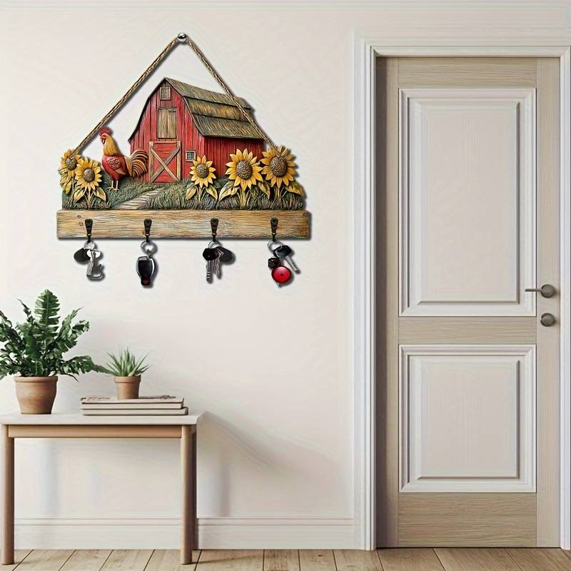 1pc Warm Sunflower Farm- Household Wooden Keychain( 29.97cm X 24.99cm) with Four Metal Hooks- Mult