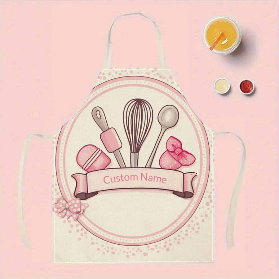 1pc Customizable Womens Chef Apron Personalized Name Linen Kitchen Apron with Whisk Culin