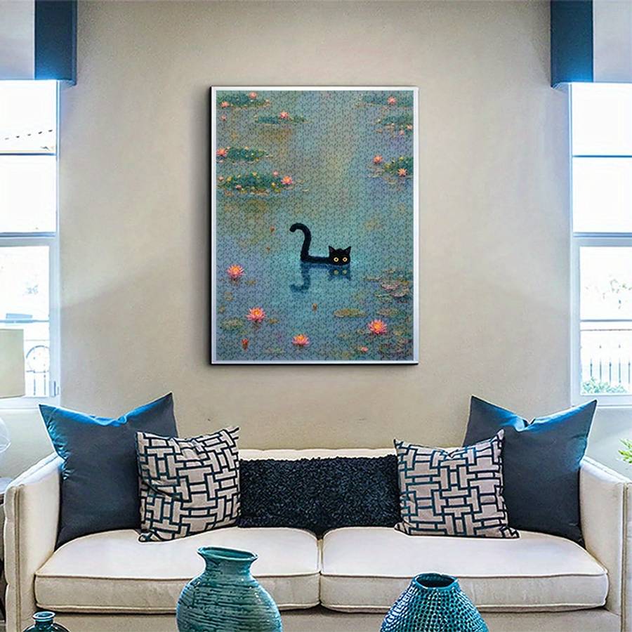 1000pcs Black Cat Pond Jigsaw Puzzle Scratch Water Resistant Advanced DIY Brain