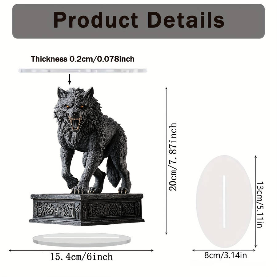 1pc 2D Flat   Bohemian Acrylic Wolf Sculpture Fierce Wolf Head Design with Ornate Base Dark De