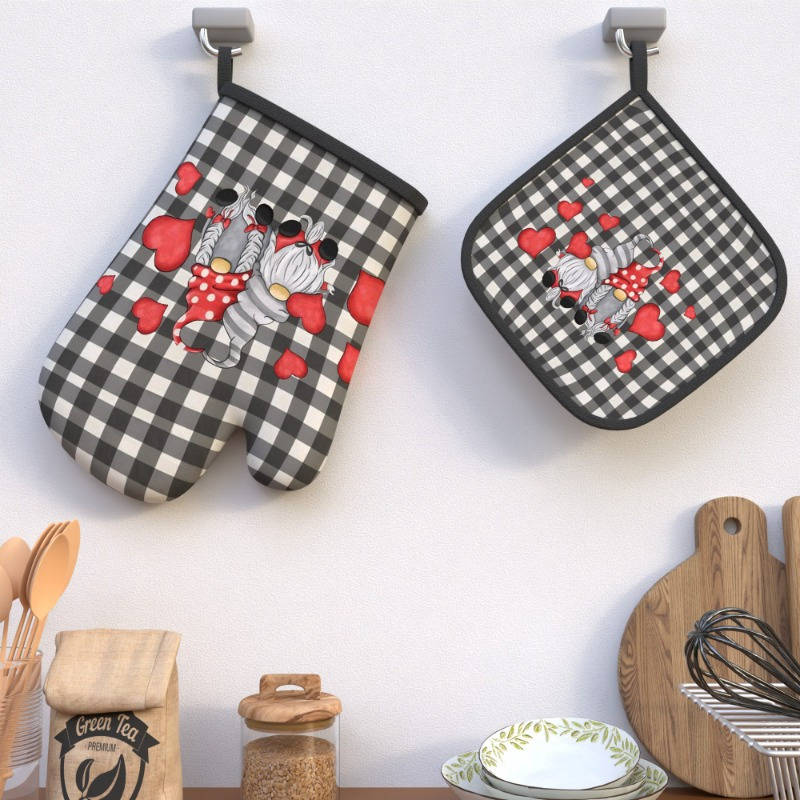 2pcs Valentine's Day Oven Mitts Potholders Heat-Resistant Black White Checkered with Red