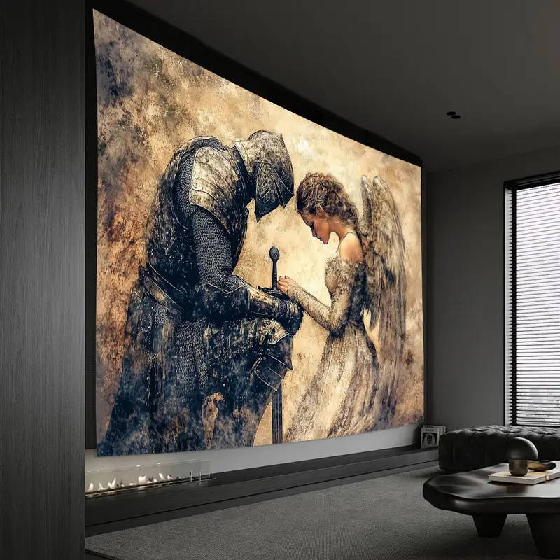 BIG!! Vintage Polyester Knight and Angel Tapestry, Pre-Prayer Scene Wall Hanging for Living Room