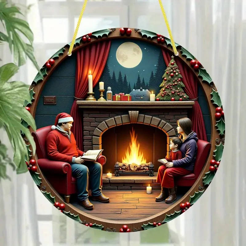 1pc Cozy Warmth Cozy Fireplace Scene Wooden Wall Art 20.32x20.32 cm Romantic Decor Featuring Family