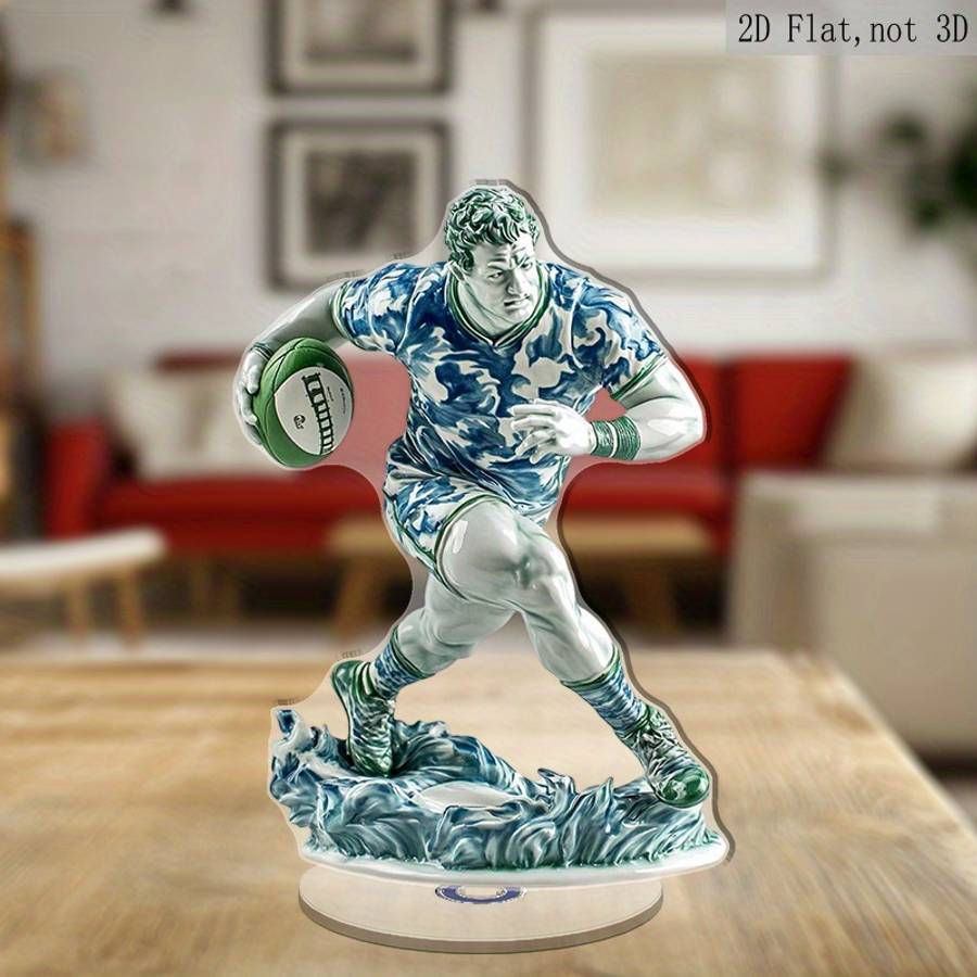 2D Flat Rotating Acrylic Rugby Player Figurine Blue and White Porcelain Style Relax Deskt