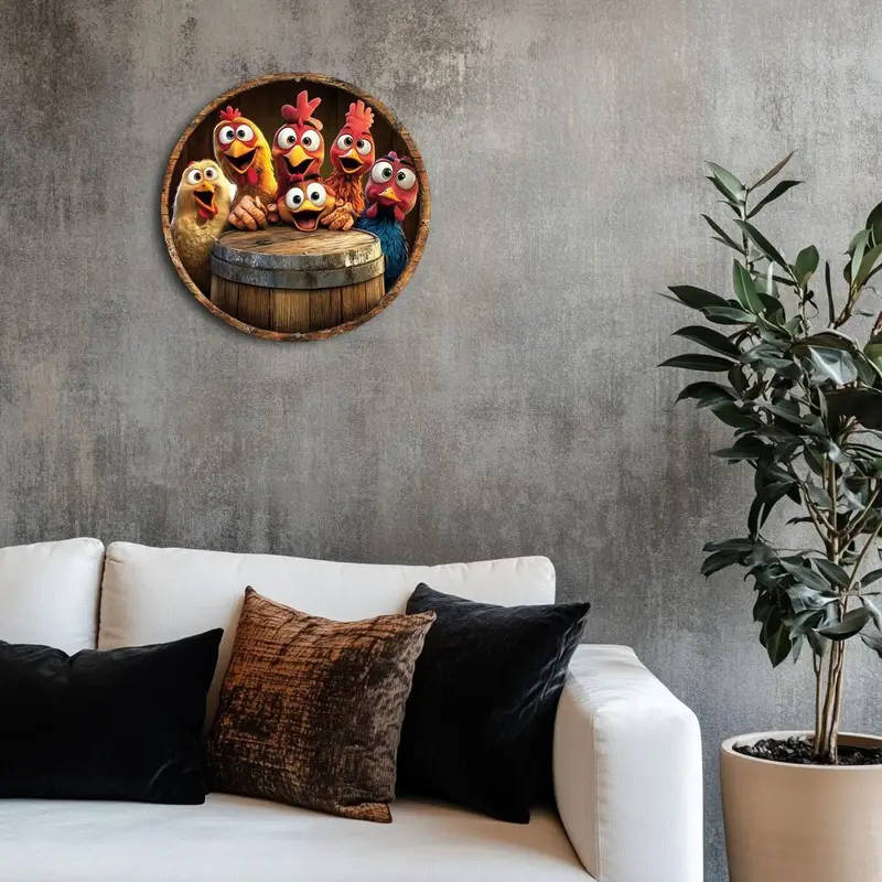 1pc Classic Chicken Themed Round Aluminum Sign 20.32x20.32cm Wall Hanging Decor for Bar Kitchen Cafe