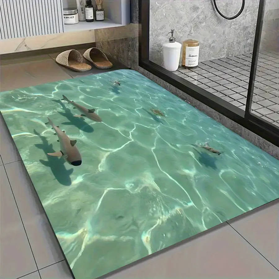 Underwater Shark Pattern Bathroom Anti-Slip Mat, Diatom Mud Floor Rug - Quick-Dry Absorbent
