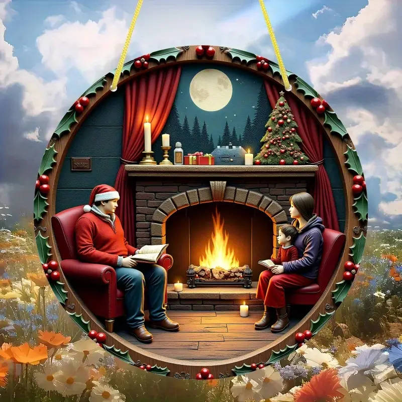 1pc Cozy Warmth Cozy Fireplace Scene Wooden Wall Art 20.32x20.32 cm Romantic Decor Featuring Family