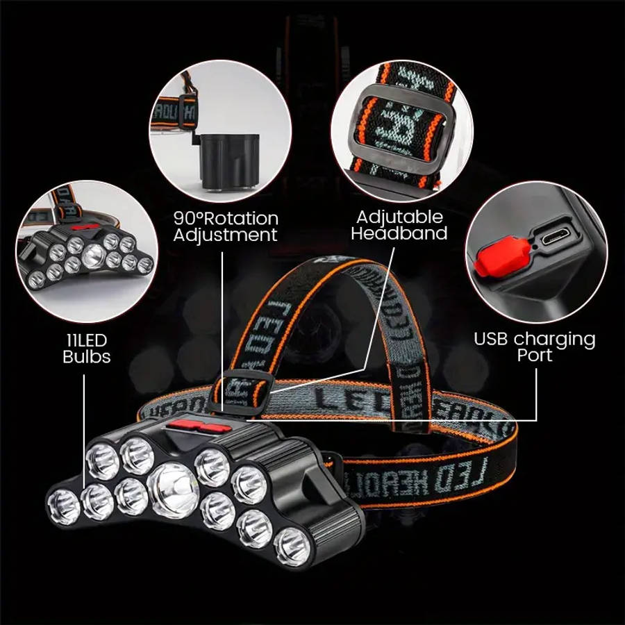 11 LED Super Bright USB Rechargeable Headlamp with 4 Modes