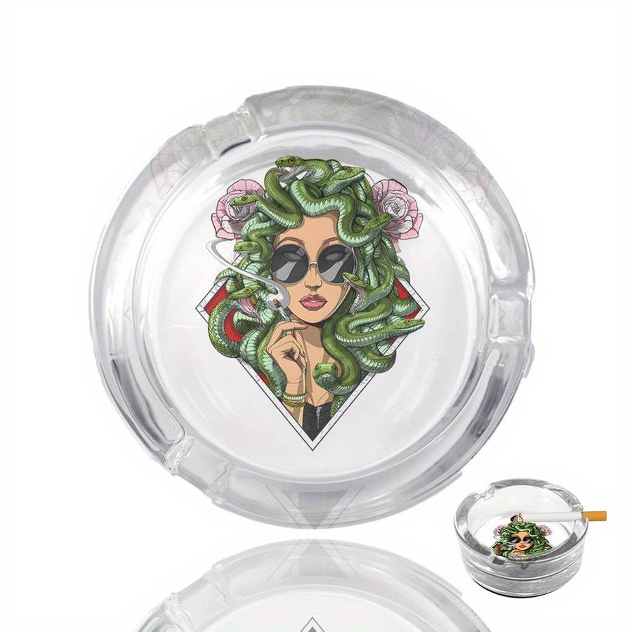 1pc Medusa Art Glass Ashtray with Anti-Slip Base Emerald Serpent Blossom Motif Crystal Clear R