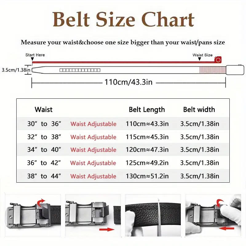 Men's Genuine Leather Ratchet Belt with Adjustable Automatic Buckle Black 125cm