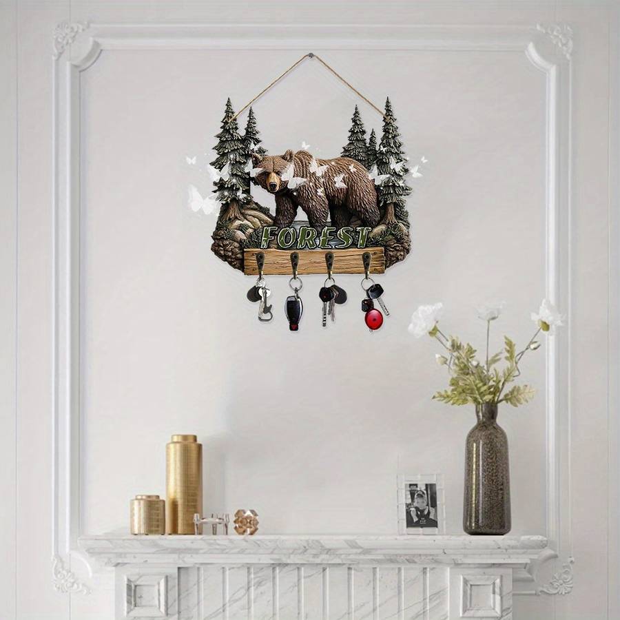 Vintage Forest Bear Wall HookRustic Wooden Key Holder with Brown Bear  Pine Tree Design Perfect