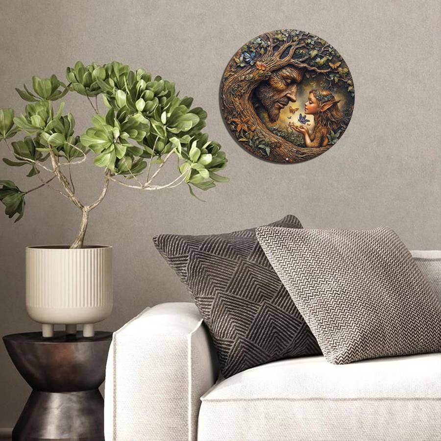2D Flat 20.32X20.32Cm Round Wooden Wall Art Vintage Tree And Flower Fairy Sign