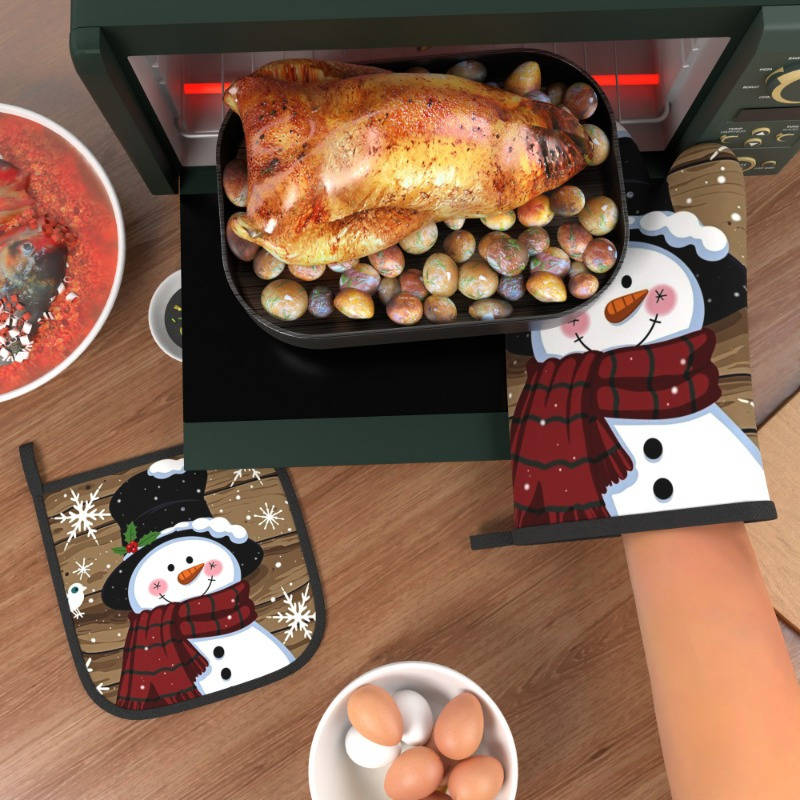 2pcs Christmas Snowman Oven Mitts Heat Resistant 26.92x17.02 cm Festive Snowman Snowflake