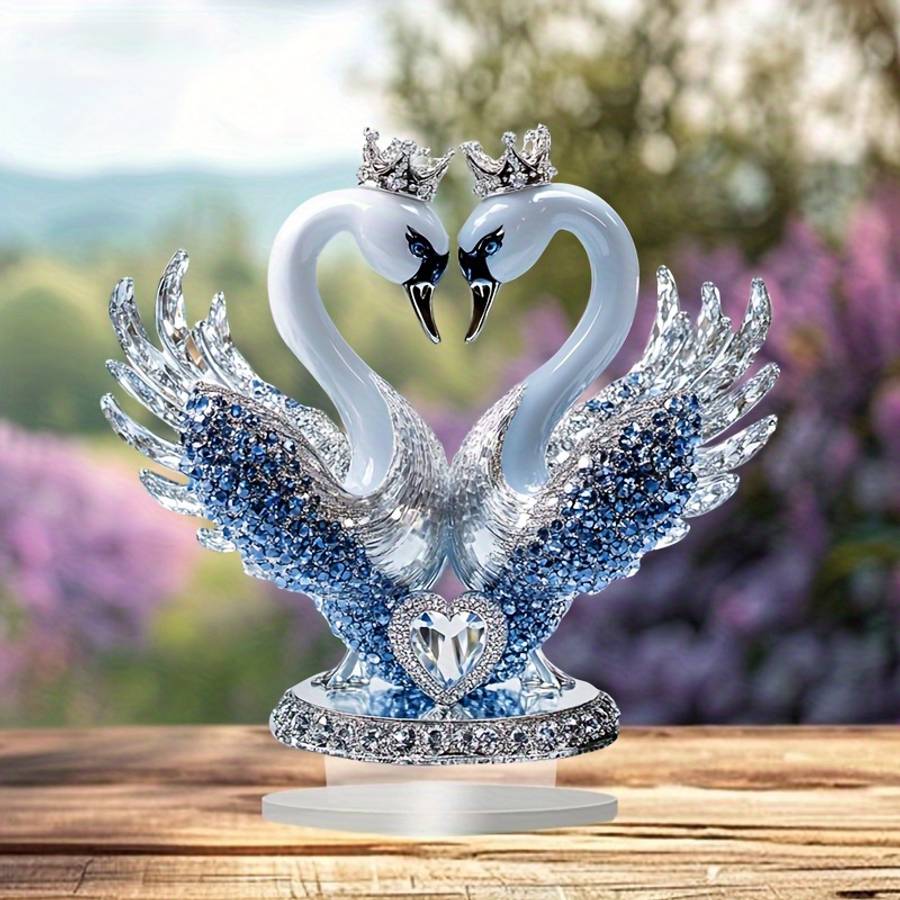 1pc 2D Flat   Ornate Style Acrylic Swan Statue with Heart Shaped Crown Romantic Desktop Decorat