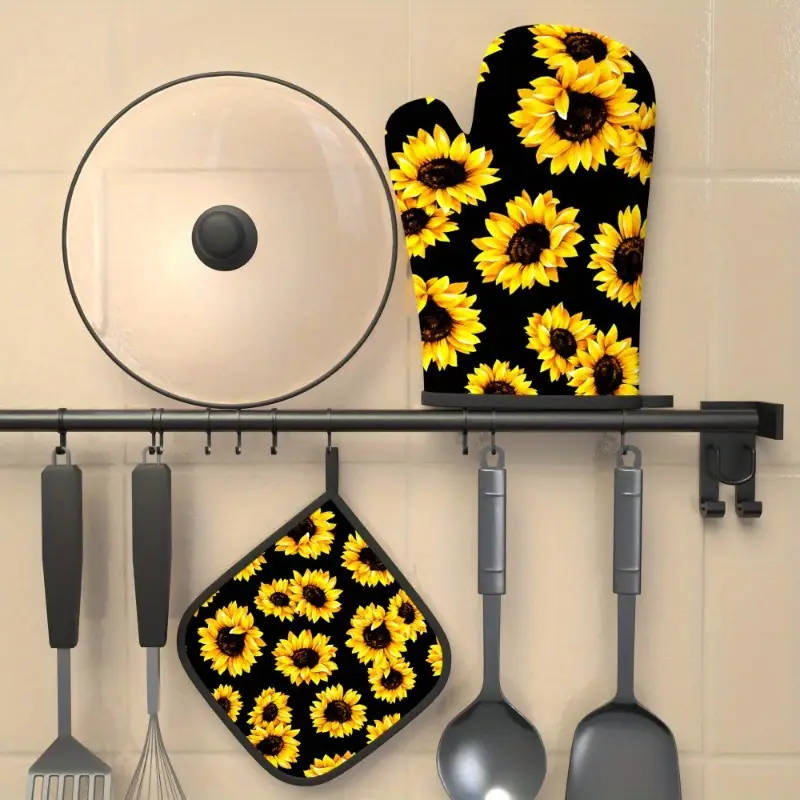 2pcs Sunflower Oven Mitt Set Heat Resistant Polyester Kitchen Gloves and Potholders Woven Machine Wa