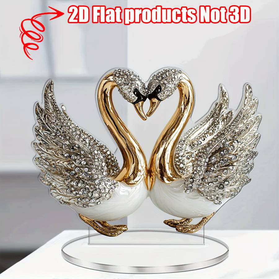 2D Flat  Acrylic Swan Sculpture 18.03Cm X 14.0Cm Elegant White Golden-Toned