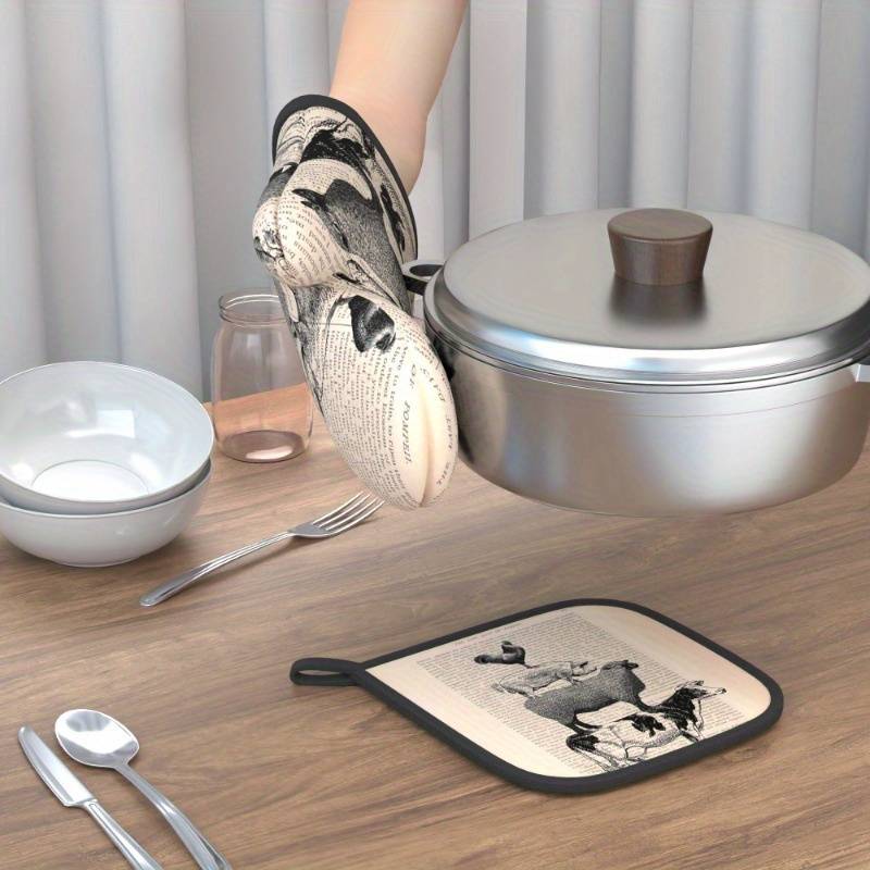 2pcs Vintage Farmhouse Kitchen Set 26.92x17.02 cm Oven Mitts Pot Holders with Chicken Pig