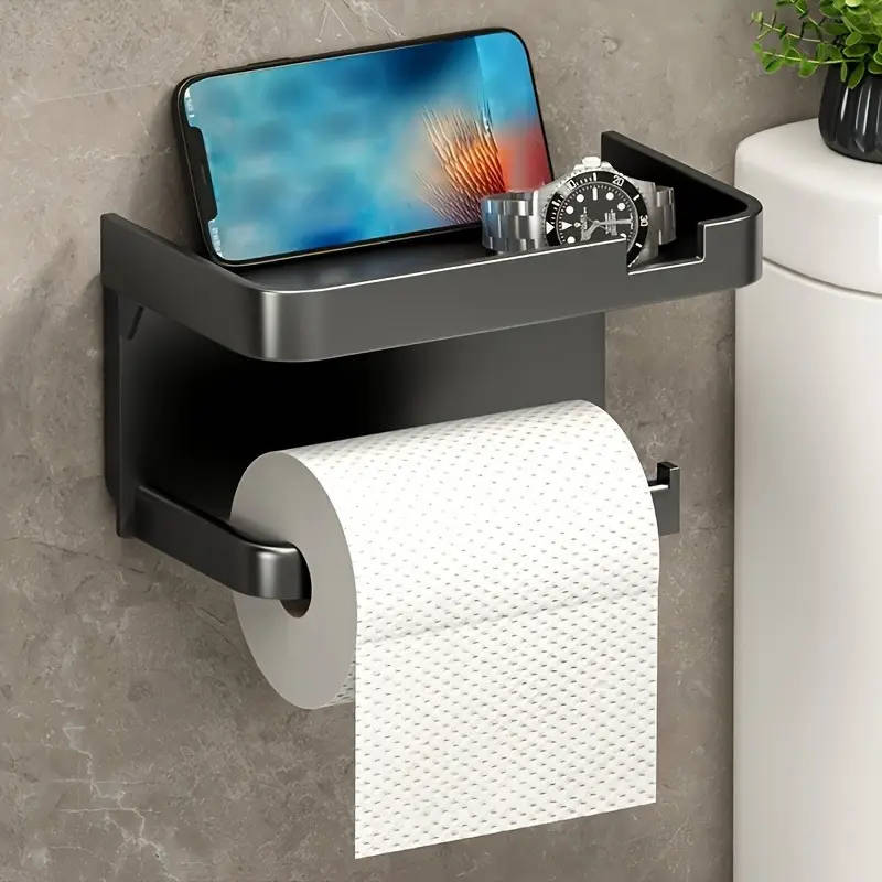 1pc Easy-Install No-Drill Stainless Steel Toilet Paper Holder with Phone Shelf Wall Mounted Space-Sa