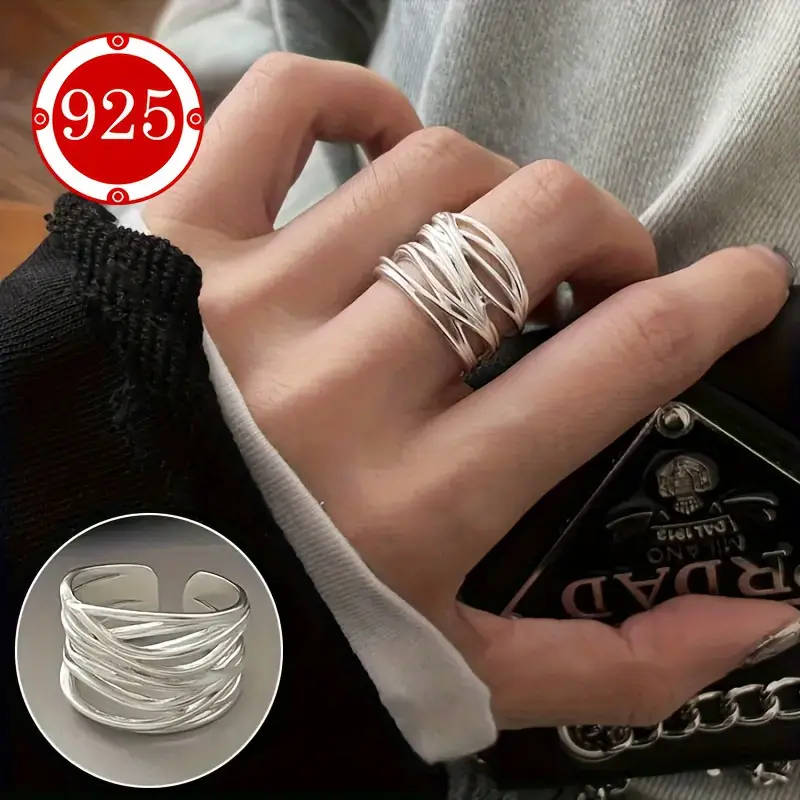925 Silver Ring, Women's Wire-Wrapped Open Adjustable Matte Wide Thumb Ring