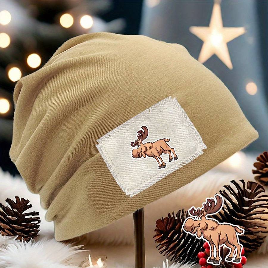 Cozy Moose Print Beanie Hat Unisex Stretch Fit Lightweight Washable Brown With White Pat